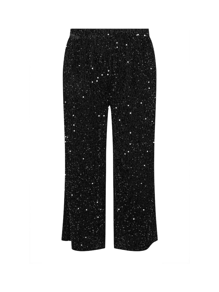 Yours Curve Black Sequin Wide Leg Trousers - Image 5 of 5 Yours Curve Black Sequin Wide Leg Trousers - Image 5 of 5