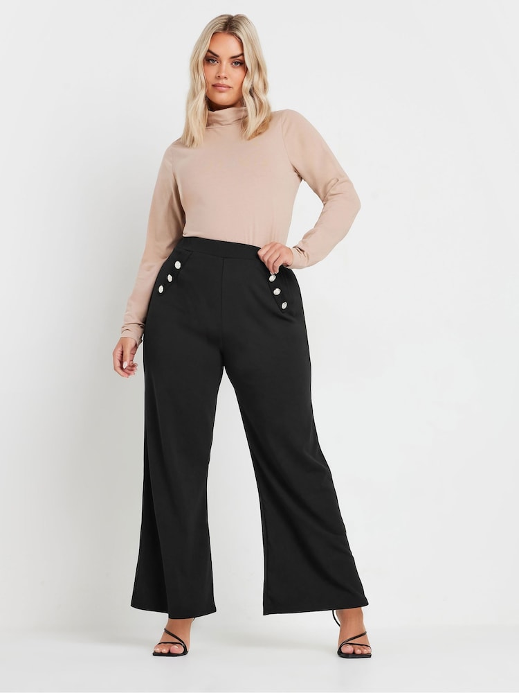 Yours Curve Black Scuba Button Wide Leg Trousers - Image 2 of 5