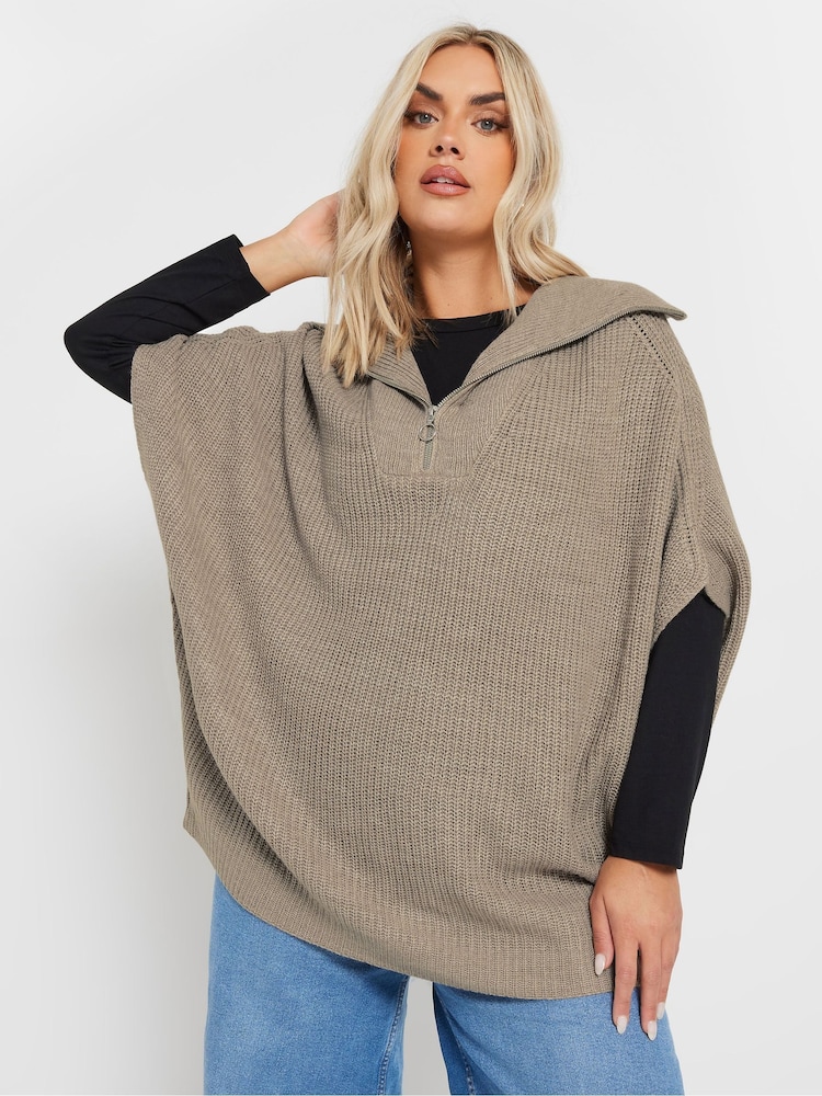 Yours Curve Natural Brown Quarter Zip Short Sleeve Jumper - Image 1 of 9