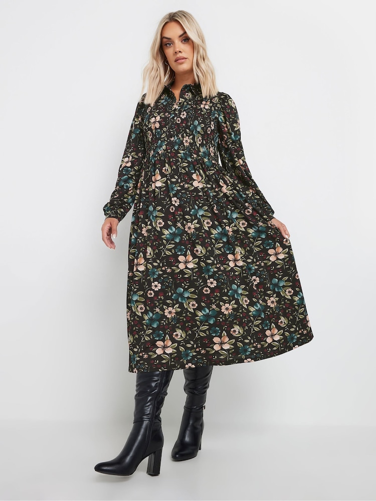 Yours Curve Black Floral Shirred Maxi Dress - Image 1 of 5