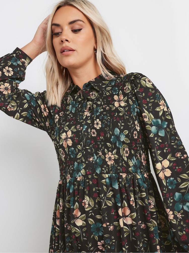 Yours Curve Black Floral Shirred Maxi Dress - Image 2 of 5