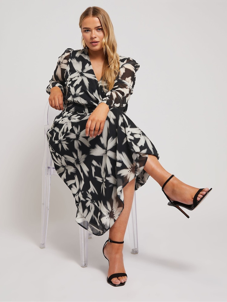 Yours Curve Black London Blurred Floral Print Maxi Wrap Dress - Image 1 of 5