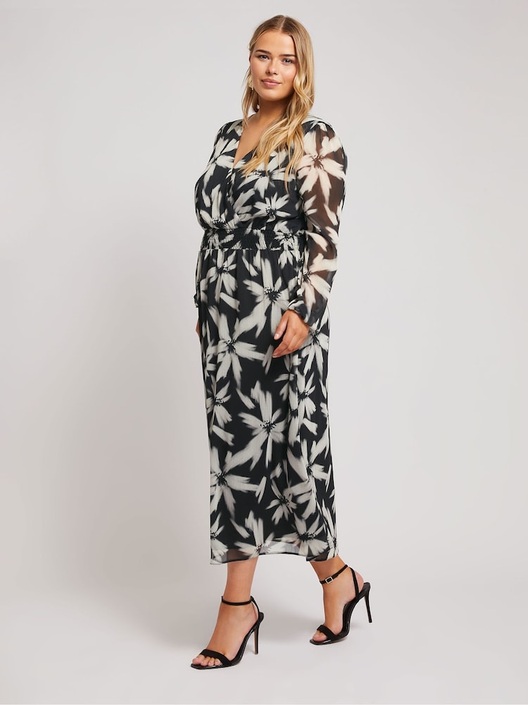 Yours Curve Black London Blurred Floral Print Maxi Wrap Dress - Image 2 of 5