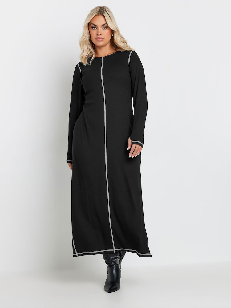 Yours Curve Black Long Sleeve Contrast Stitch Dress - Image 2 of 5