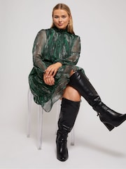 Yours Curve Green London Abstract Shirred Waist Collar Dress - Image 1 of 6