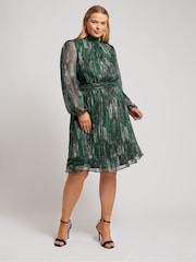 Yours Curve Green London Abstract Shirred Waist Collar Dress - Image 2 of 6