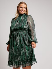 Yours Curve Green London Abstract Shirred Waist Collar Dress - Image 3 of 6