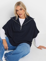 Yours Curve Blue Quarter Zip Short Sleeve Jumper - Image 1 of 10