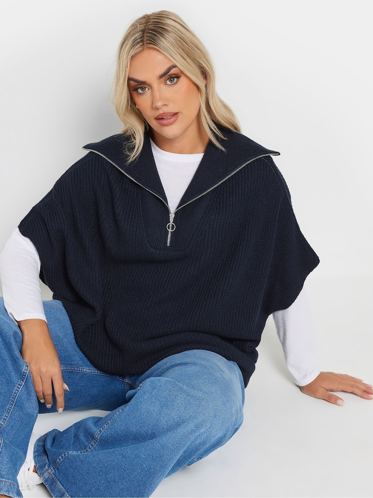 Yours Curve Blue Quarter Zip Short Sleeve Jumper - Image 1 of 10
