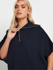 Yours Curve Blue Quarter Zip Short Sleeve Jumper - Image 5 of 10