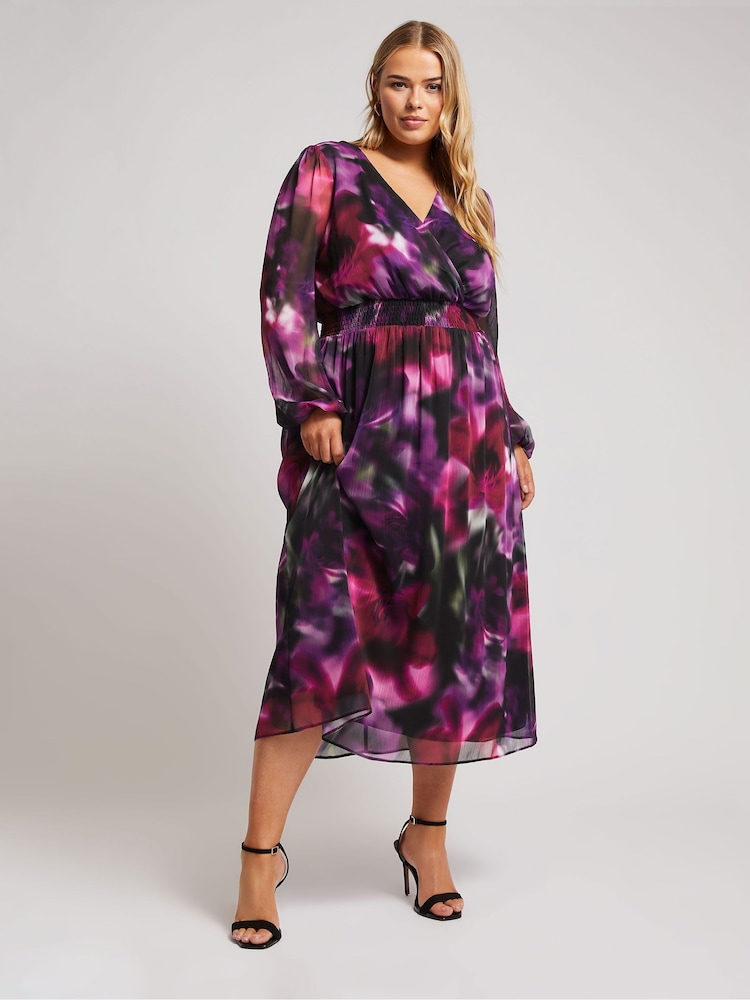 Yours Curve Pink London Blurred Floral Print Maxi Wrap Dress - Image 1 of 5