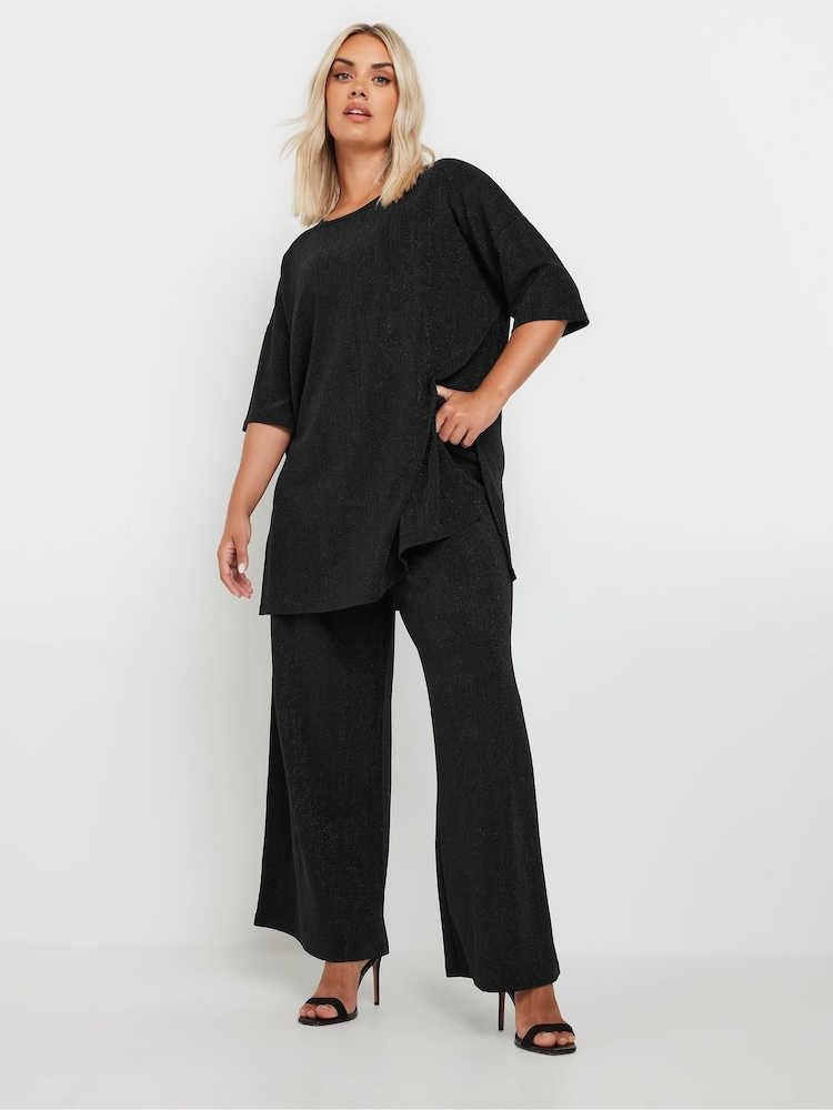 Yours Curve Black Metallic Stripe Wide Leg Trousers - Image 2 of 5