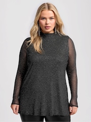 Yours Curve Black London Glitter Long Sleeve Mesh Top - Image 1 of 5