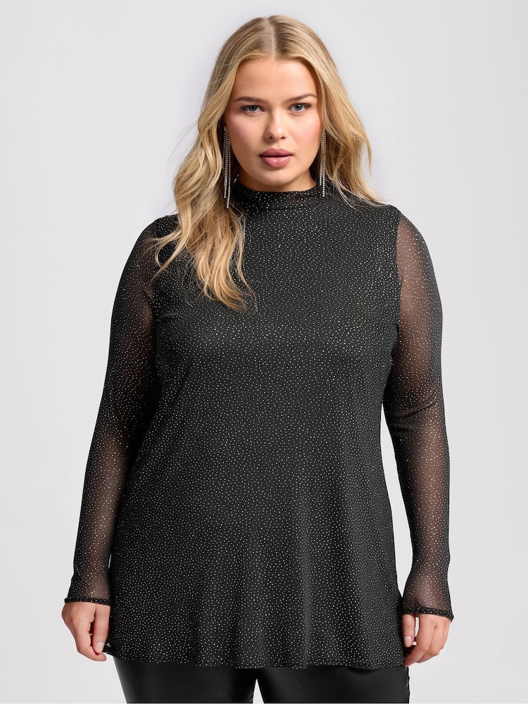 Yours Curve Black London Glitter Long Sleeve Mesh Top - Image 1 of 5