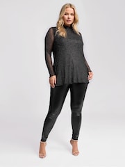 Yours Curve Black London Glitter Long Sleeve Mesh Top - Image 2 of 5