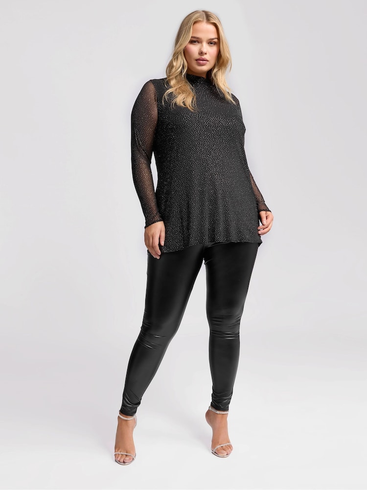 Yours Curve Black London Glitter Long Sleeve Mesh Top - Image 2 of 5