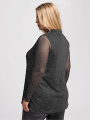 Yours Curve Black London Glitter Long Sleeve Mesh Top - Image 4 of 5