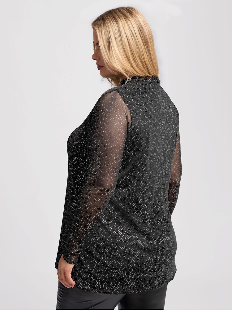 Yours Curve Black London Glitter Long Sleeve Mesh Top - Image 4 of 5
