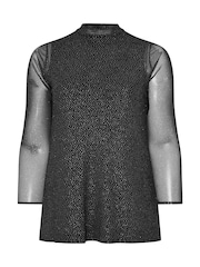 Yours Curve Black London Glitter Long Sleeve Mesh Top - Image 5 of 5