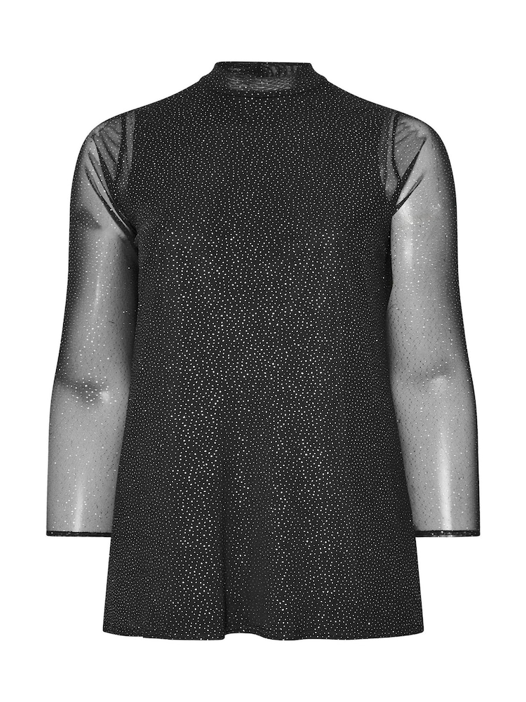 Yours Curve Black London Glitter Long Sleeve Mesh Top - Image 5 of 5