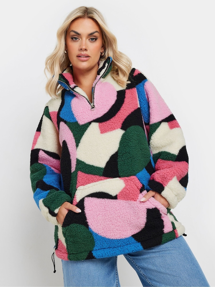 Yours Curve Pink Sherpa Borg Half Zip Jacket - Image 1 of 5