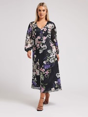 Yours Curve Black London Floral Satin Metallic Dress - Image 1 of 5