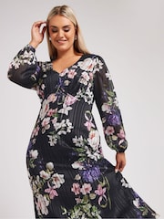 Yours Curve Black London Floral Satin Metallic Dress - Image 2 of 5
