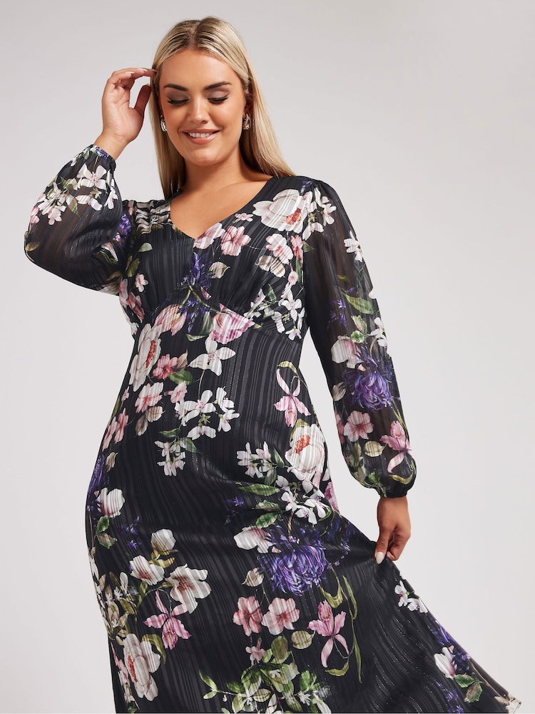 Yours Curve Black London Floral Satin Metallic Dress - Image 2 of 5