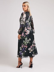 Yours Curve Black London Floral Satin Metallic Dress - Image 3 of 5