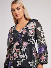 Yours Curve Black London Floral Satin Metallic Dress - Image 4 of 5