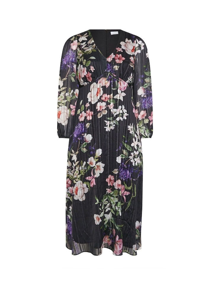 Yours Curve Black London Floral Satin Metallic Dress - Image 5 of 5