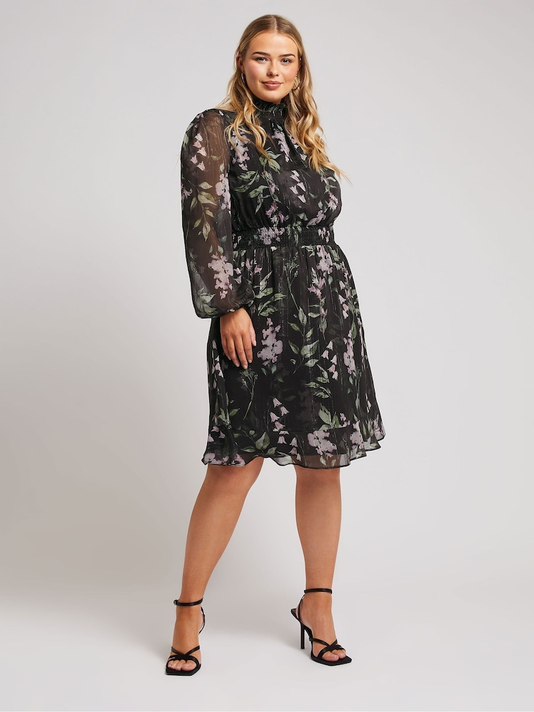 Yours Curve Black London Floral Shirred Waist Collar Dress - Image 1 of 5
