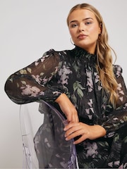Yours Curve Black London Floral Shirred Waist Collar Dress - Image 2 of 5