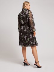 Yours Curve Black London Floral Shirred Waist Collar Dress - Image 3 of 5