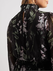 Yours Curve Black London Floral Shirred Waist Collar Dress - Image 4 of 5