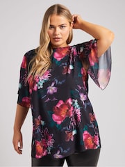 Yours Curve Black London Flutter Sleeve Blouse - Image 1 of 5