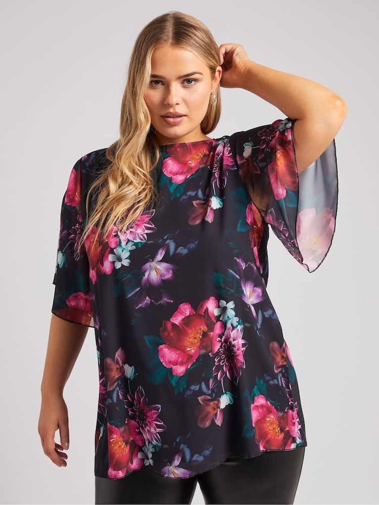 Yours Curve Black London Flutter Sleeve Blouse - Image 1 of 5