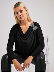 Yours Curve Black London Diamante Bow Cowl Top - Image 1 of 6