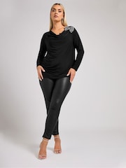 Yours Curve Black London Diamante Bow Cowl Top - Image 3 of 6