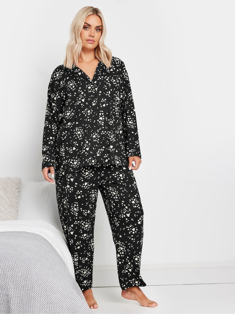Yours Curve Black Heart Print Soft Touch Pyjama Set - Image 2 of 5