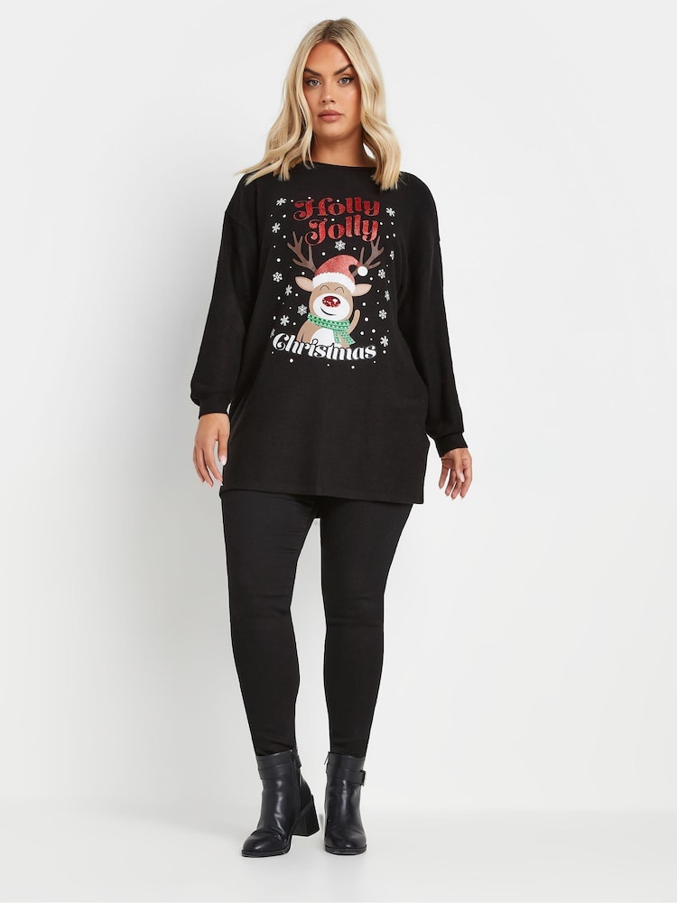 Yours Curve Black Novelty Reindeer Christmas Jumper - Image 2 of 5