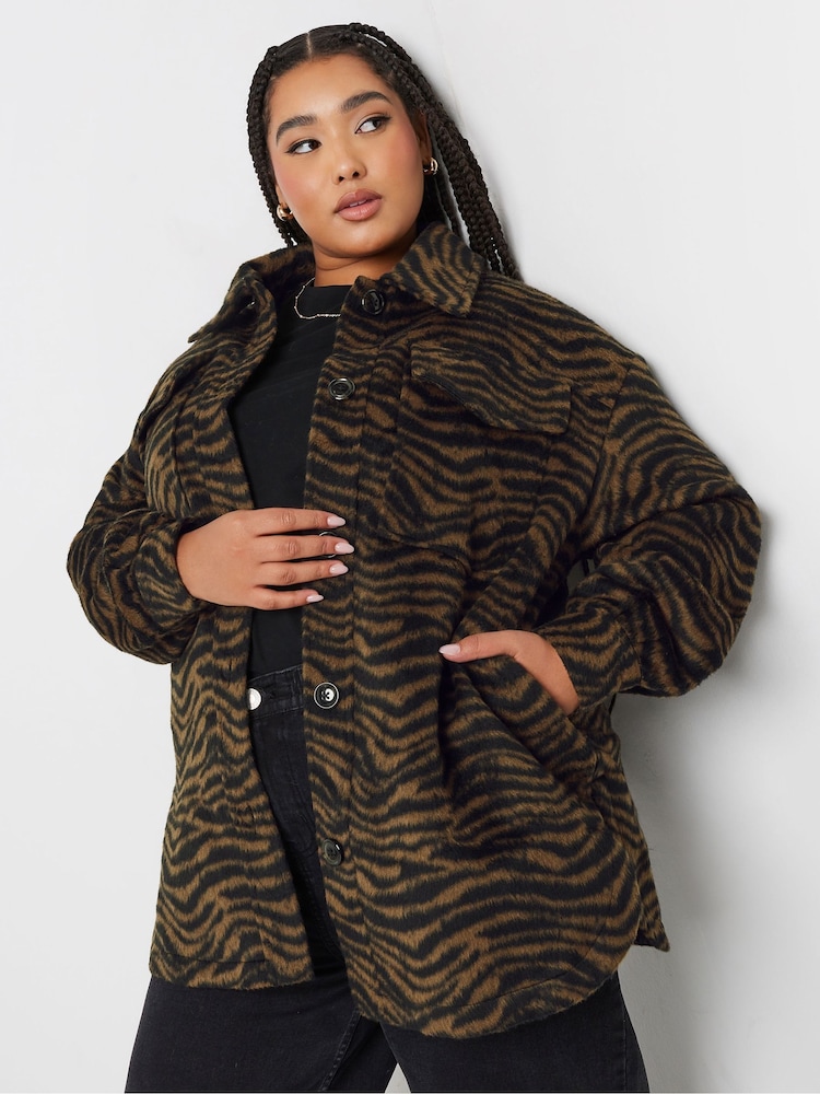 Yours Curve Brown Tiger Print Short Shacket - Image 1 of 6