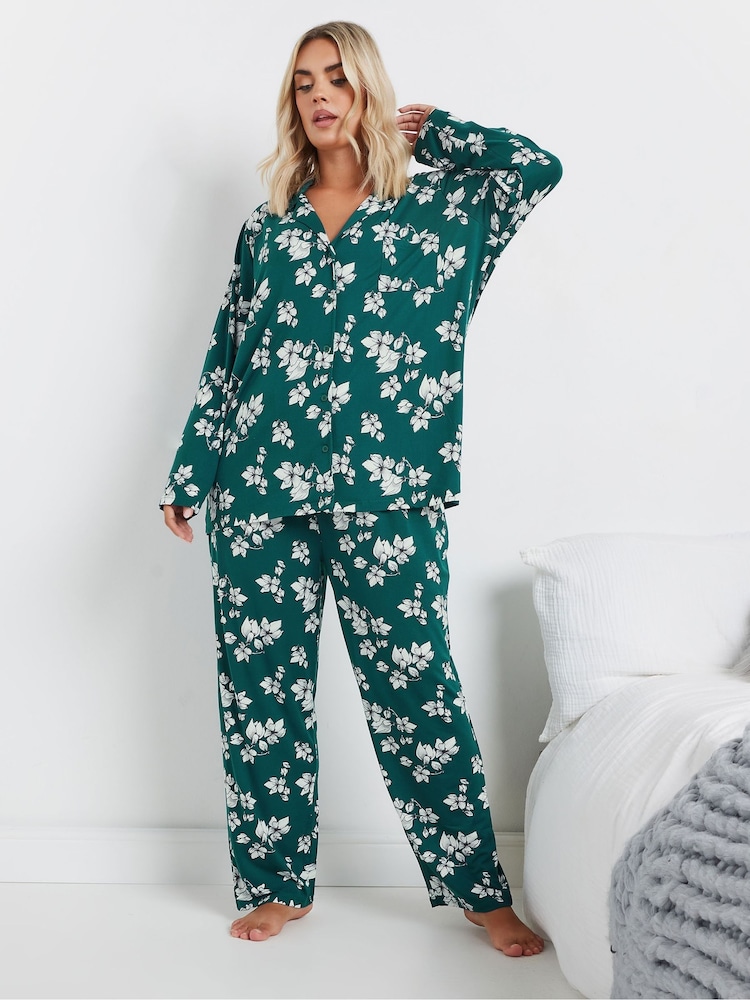 Yours Curve Green Soft Touch Floral Pyjamas Set - Image 2 of 5