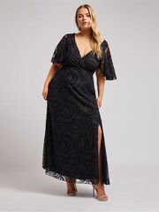 Yours Curve Black London Glitter Flock Wrap Maxi Dress - Image 1 of 5