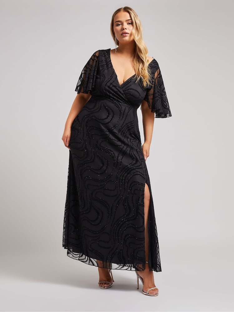 Yours Curve Black London Glitter Flock Wrap Maxi Dress - Image 1 of 5