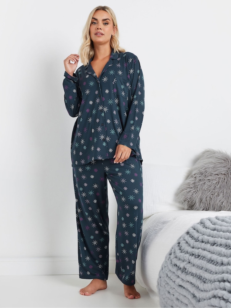 Yours Curve Blue Soft Touch Heart Flake Pyjamas Set - Image 2 of 5
