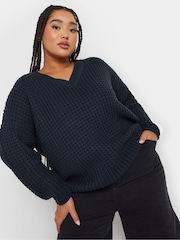 Yours Curve Blue V-Neck Waffle Jumper - Image 1 of 5