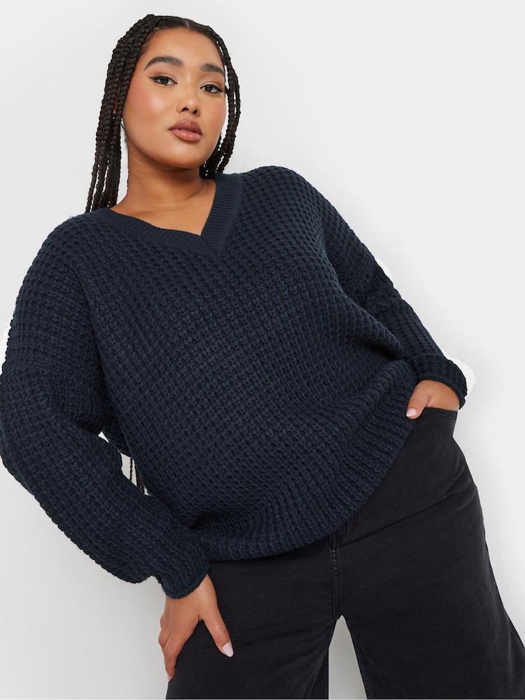 Yours Curve Blue V-Neck Waffle Jumper - Image 1 of 5