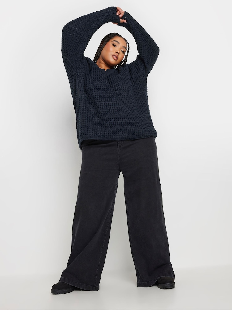 Yours Curve Blue V-Neck Waffle Jumper - Image 2 of 5