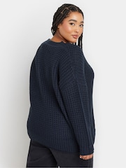 Yours Curve Blue V-Neck Waffle Jumper - Image 3 of 5